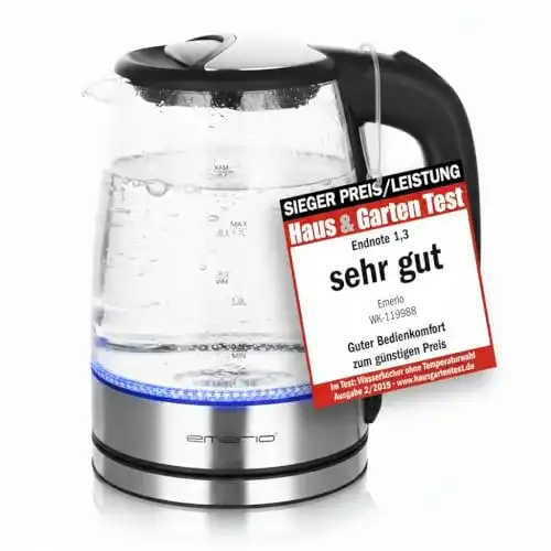 Wasserkocher Emerio WK-119988 aus Glas, 1,7 Liter, 2200 Watt, LED-Beleuchtung