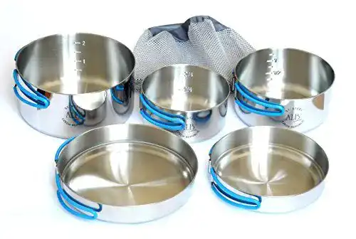 Camping Kochgeschirr Set aus Edelstahl, 5-teilig, für Outdoor-Aktivitäten