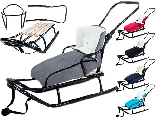 Klappschlitten Gagadumi Oslo aus Metall mit Rücklehne und Sicherheitsgurten