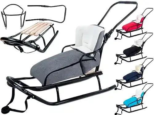 Klappschlitten Gagadumi Oslo aus Metall mit Rücklehne und Sicherheitsgurten