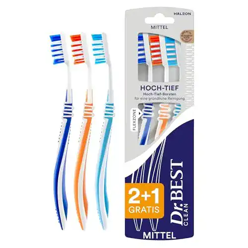 Dr. Best Zahnbürste Hoch-Tief, Mittel, Vorteilspack gründliche Zahnreinigung