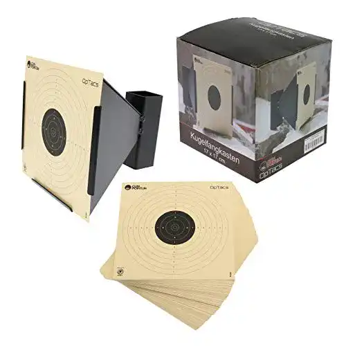 Kugelfang Optacs 17×17 cm Metalltrichter mit 50 Zielscheiben