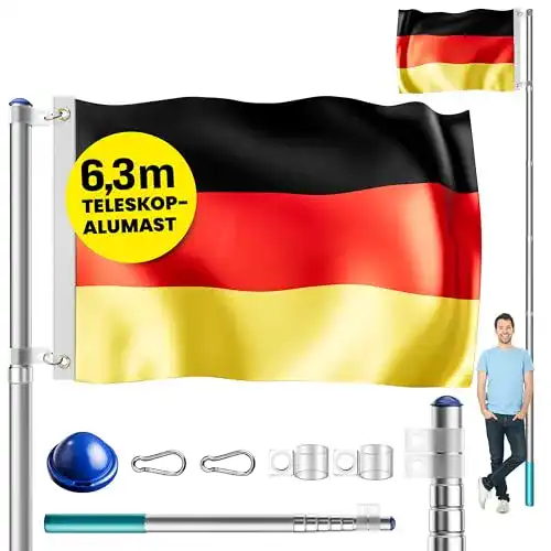Fahnenmast Monzana Aluminium Teleskop 6,30m mit Bodenhülse und Flagge
