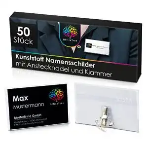 Namensschild OfficeTree 50 Stück für Kleidung mit Clip und Anstecknadel