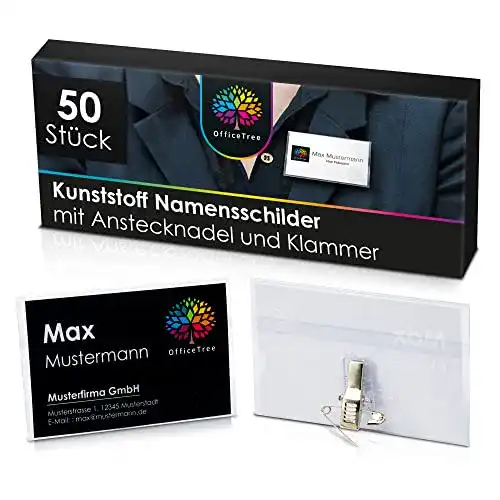 Namensschild OfficeTree 50 Stück für Kleidung mit Clip und Anstecknadel