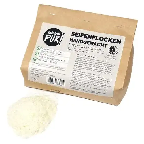 Seifenflocken IchbinPUR aus weißer Olivenölseife, 1kg für Handwäsche
