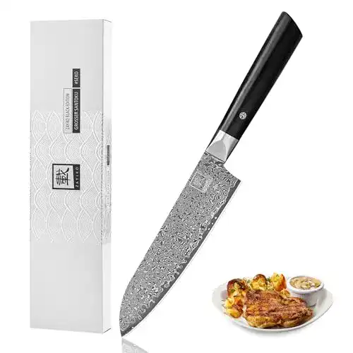Zayiko Damastmesser Black Edition Santoku mit Pakkaholzgriff