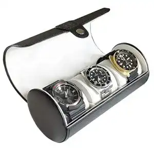Uhrenbox Case Elegance zylindrisch aus veganem Leder in Schwarz