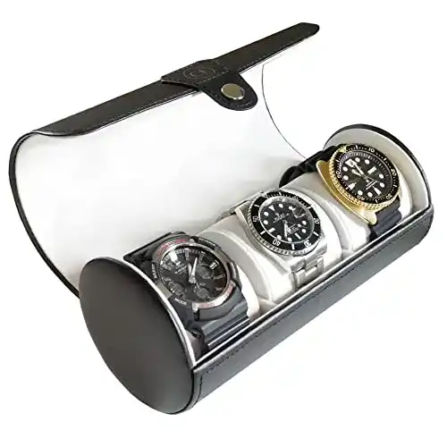 Uhrenbox Case Elegance zylindrisch aus veganem Leder in Schwarz