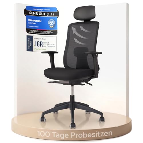 Bürostuhl mit Kopfstütze Schekka – Ergonomischer Schreibtischstuhl mit 3D Armlehnen