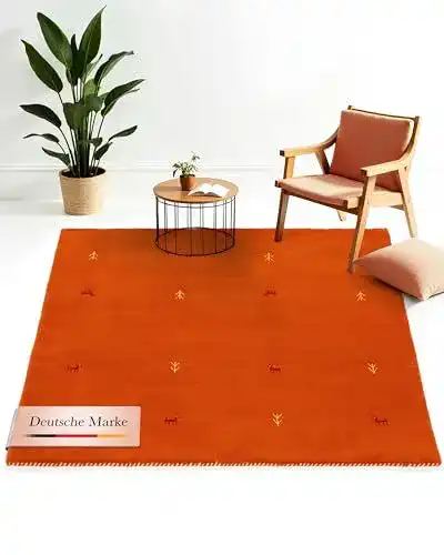Wollteppich Gabbeh Uni quadratisch in Orange 150×150 cm