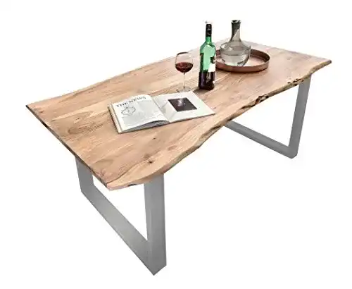 Esstisch Baumkante SAM 160×85 cm aus Akazie mit silber lackierten Beinen
