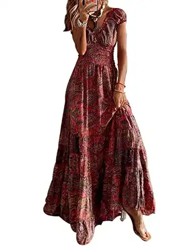 Boho-Kleid Abyovrt für Damen im Sommer mit V-Ausschnitt und Blumenmuster