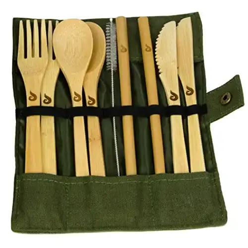 Camping Besteck Set BlueFox aus Bambus mit Etui für unterwegs