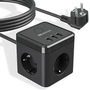 Steckdosenwürfel mit USB, 3 Steckdosen und Schalter, 2 Meter Kabel