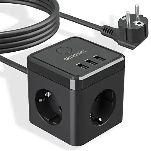 Steckdosenwürfel mit USB, 3 Steckdosen und Schalter, 2 Meter Kabel
