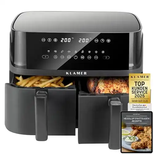 Heißluftfritteuse Klamer Duo 9 L mit 2 Fächern und Digitaldisplay