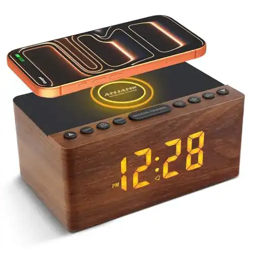 Holz-Wecker Anjank Digitaler Radiowecker mit kabellosem Ladegerät