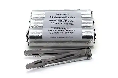 Räucherkohle Scentolino 33 mm 3 Rollen mit 10 Tabletten und Kohlezange