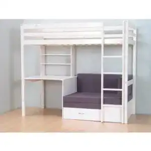 Hochbett Thuka 90×200 in Weiß mit grauer Matratze