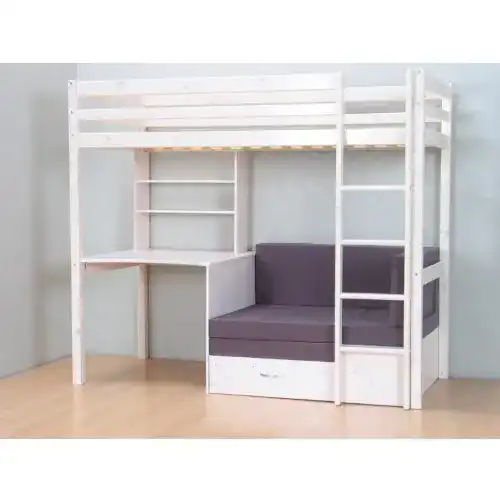 Hochbett Thuka 90×200 in Weiß mit grauer Matratze