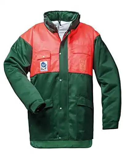 Schnittschutzjacke Feldtmann in Grün und Rot für Forstarbeiten