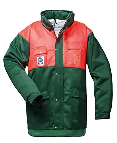Schnittschutzjacke Feldtmann in Grün und Rot für Forstarbeiten