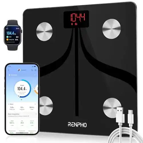 Renpho Körperfettwaage mit App, digitale Personenwaage, USB-C, 180 kg, schwarz