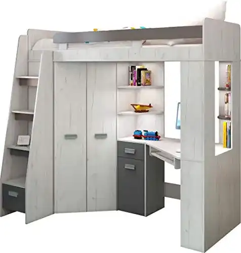 Hochbett mit Schreibtisch, Schubladen und Regalen von FurnitureByJDM