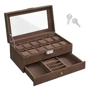 Uhrenbox mit Glasdeckel und zwei Ebenen für 12 Uhren