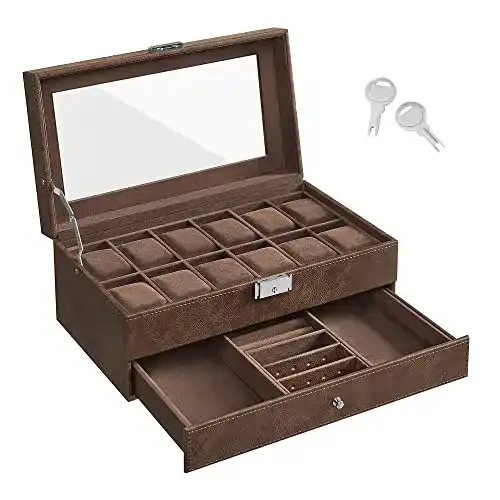 Uhrenbox mit Glasdeckel und zwei Ebenen für 12 Uhren