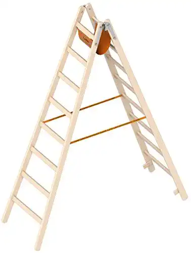 Holzstehleiter Layher mit 2×8 Sprossen und Werkzeugtasche