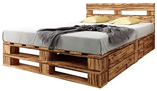 Palettenbett Sunnypillow M2 aus Holz 140 x 200 cm mit Kopfteil und Bettkästen