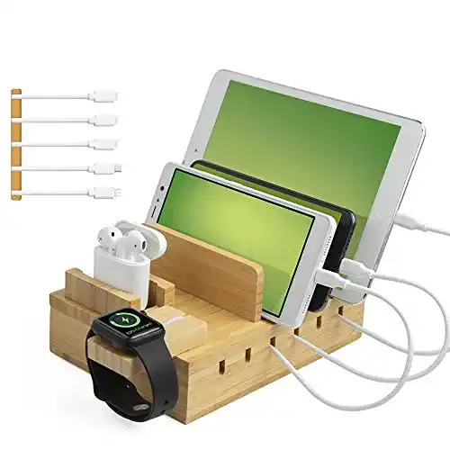 TechDot Bambus Ladestation für Handy und Tablet mit 5 USB-Ports