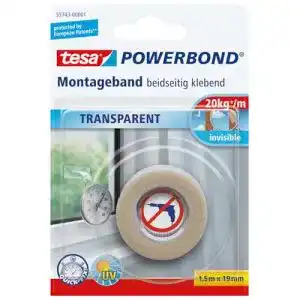 Tesa Powerbond Montageband Transparent – doppelseitiges Klebeband 1,5 m x 19 mm
