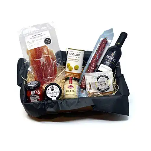 Präsentkorb mit spanischen Delikatessen und Rotwein