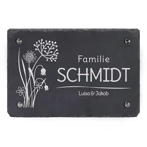 Türschild aus Schiefer mit personalisiertem Blumenmotiv für Haus