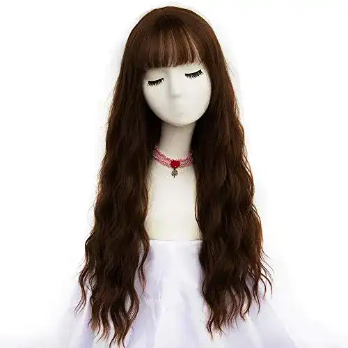 Perücke Mildiso Braun Damen Lang Locken mit Pony und Netz