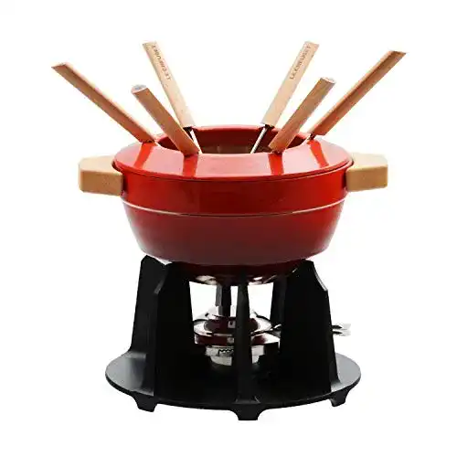 Käsefondue Set Le Creuset aus Gusseisen mit Holzgriffen und Zubehör