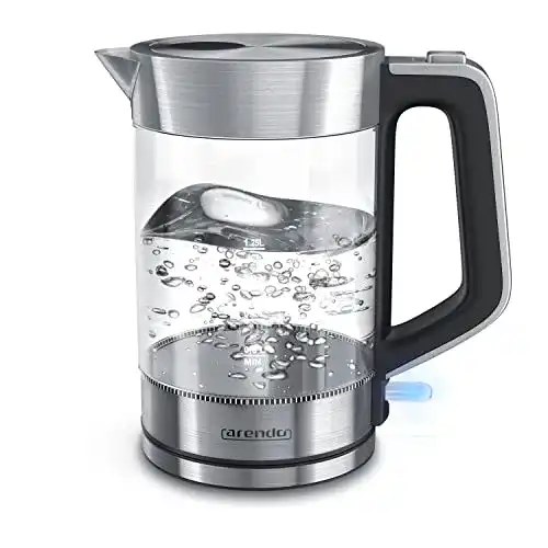 Arendo Wasserkocher aus Glas und Edelstahl, 1,7 Liter, 2200 Watt