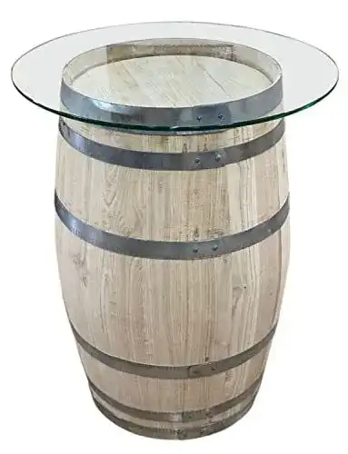 Weinfass-Stehtisch aus Kastanienholz mit Glasplatte 79 cm Höhe