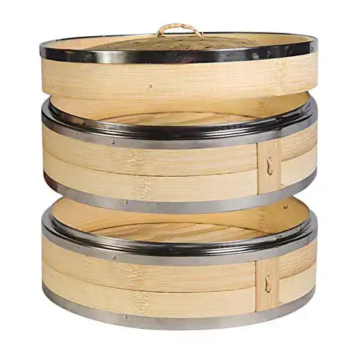 Bambusdämpfer Hcooker 27 cm mit 2 Etagen und Edelstahlrand