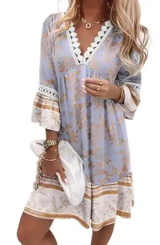 Boho-Kleid Yutila für Damen im Bohemian-Stil mit V-Ausschnitt und 3/4 Arm