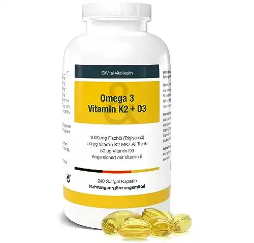 Vitamin D3, K2 und Omega 3 Softgel-Kapseln von EXVital, 240 Stück