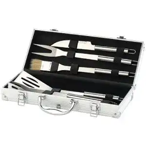 Grillkoffer mit Edelstahl-Grillbesteck im Aluminium-Koffer