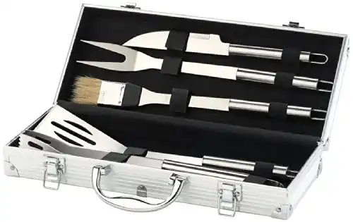 Grillkoffer mit Edelstahl-Grillbesteck im Aluminium-Koffer