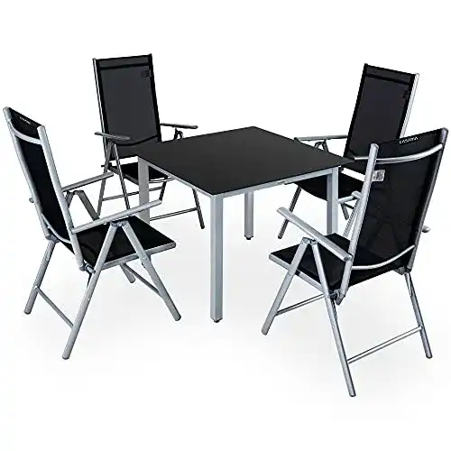 Gartentisch mit 4 klappbaren Stühlen aus Aluminium und Sicherheitsglas