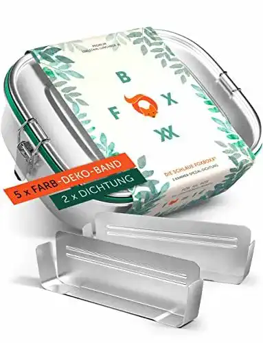 Edelstahl Brotdose FOXBOXX 800ml mit Trennstegen und Deko-Ringen