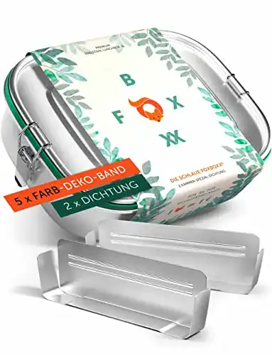 Edelstahl Brotdose FOXBOXX 800ml mit Trennstegen und Deko-Ringen