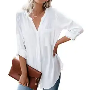 Dordanity Damen Bluse mit V-Ausschnitt und langem Arm in Weiß